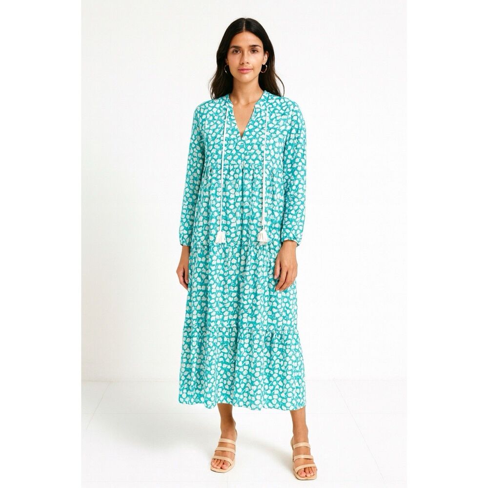 Dress Turquoise Leaf Print Maxi Lightweight Long Sleeve Tiered Size L